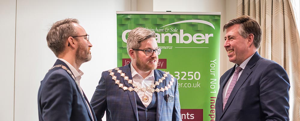 Left to right: 2022 ASCC Vice President Martin Buckle, ASCC President Alex Evans and MP & Chamber Patron Sir Graham Brady